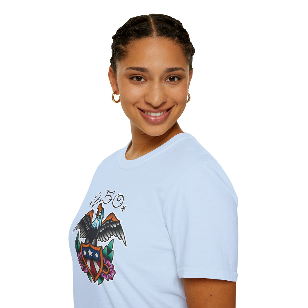 250th Anniversary Eagle w/Flag Shield Tattoo Unisex Softstyle T‑Shirt