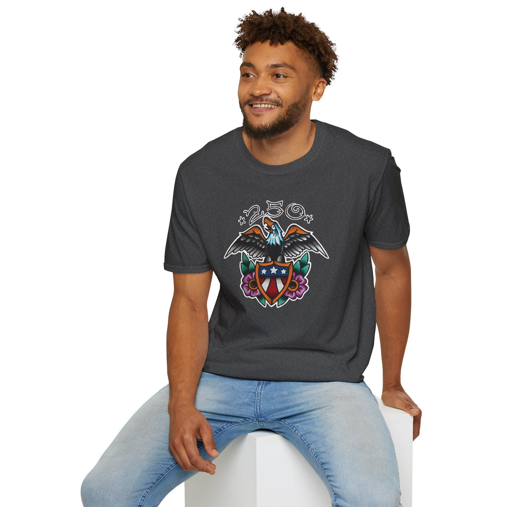 250th Anniversary Eagle w/Flag Shield Tattoo Unisex Softstyle T‑Shirt