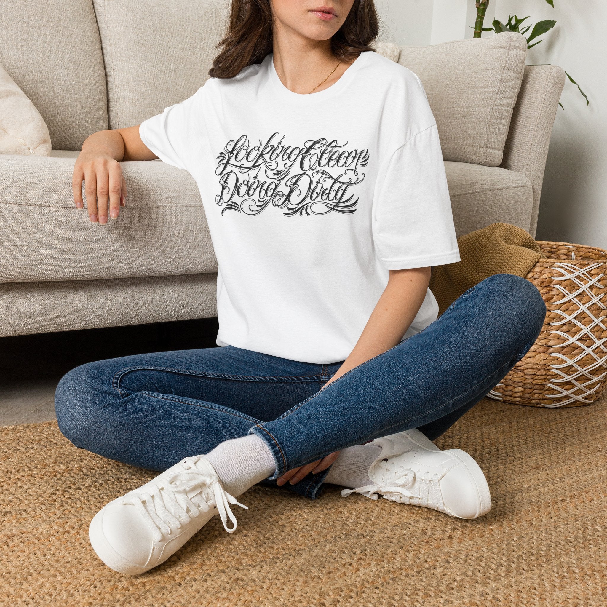 "Looking Clean, Doing Dirty" Tattoo Script Softstyle Unisex T-Shirt