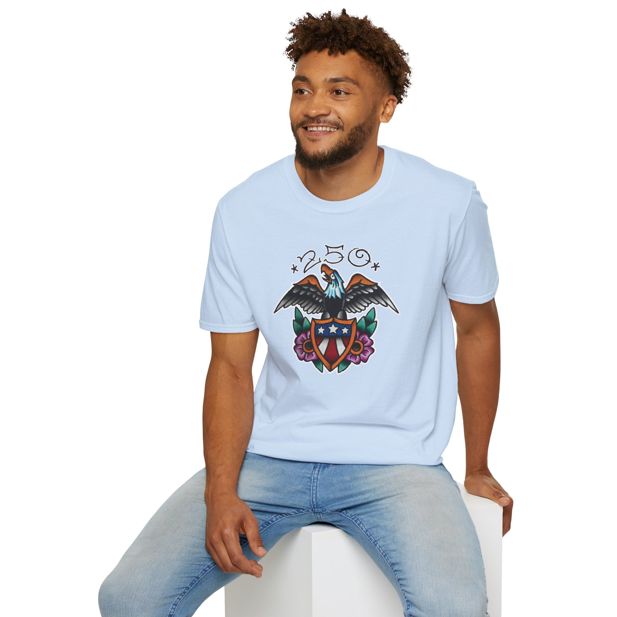 250th Anniversary Eagle w/Flag Shield Tattoo Unisex Softstyle T‑Shirt