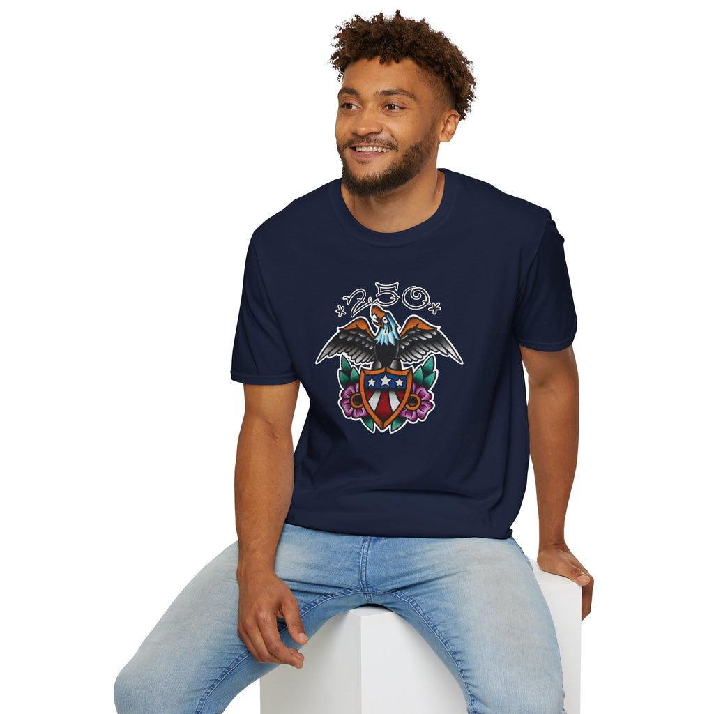 250th Anniversary Eagle w/Flag Shield Tattoo Unisex Softstyle T‑Shirt