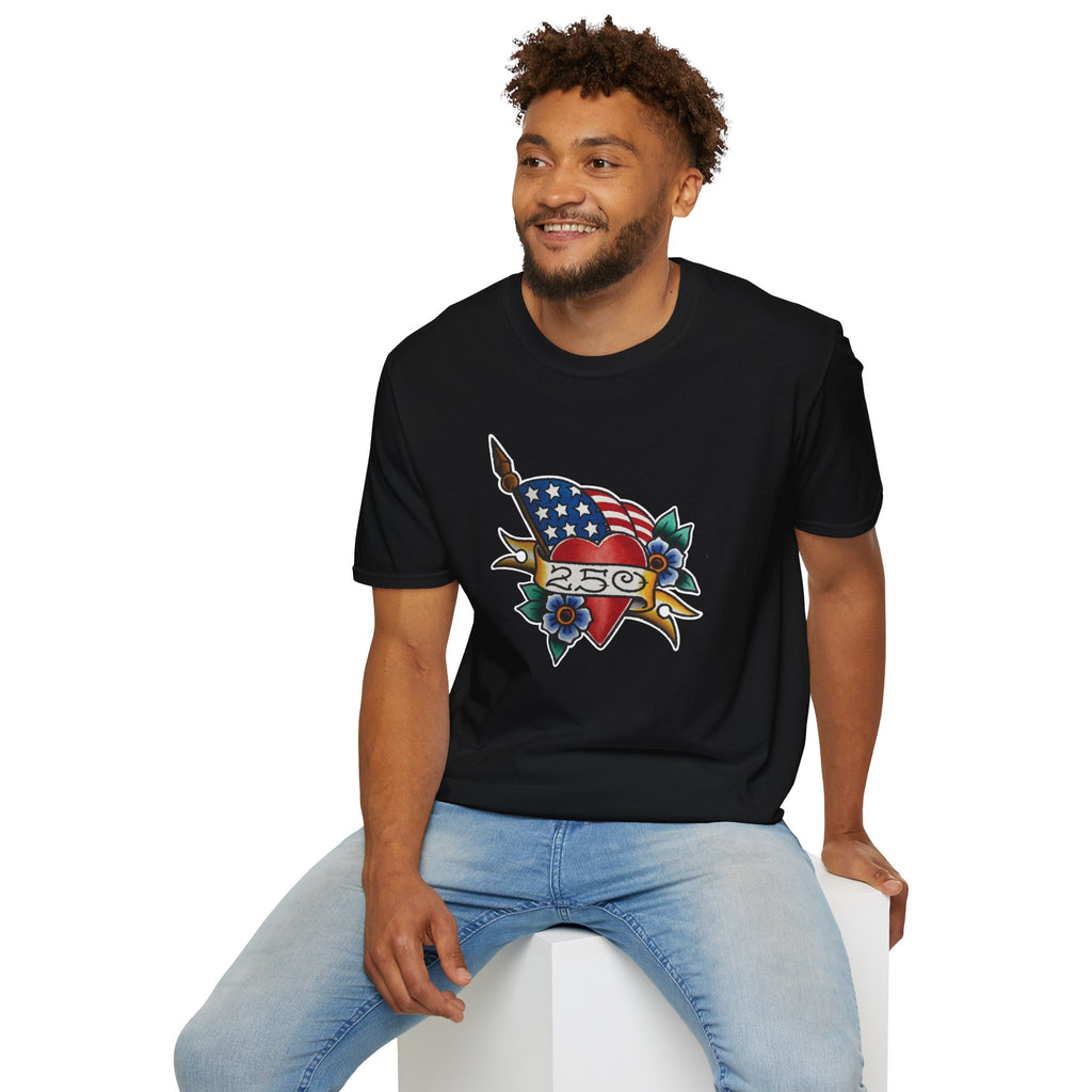 250th Anniversary American Flag and Heart Tattoo Unisex Softstyle T‑Shirt