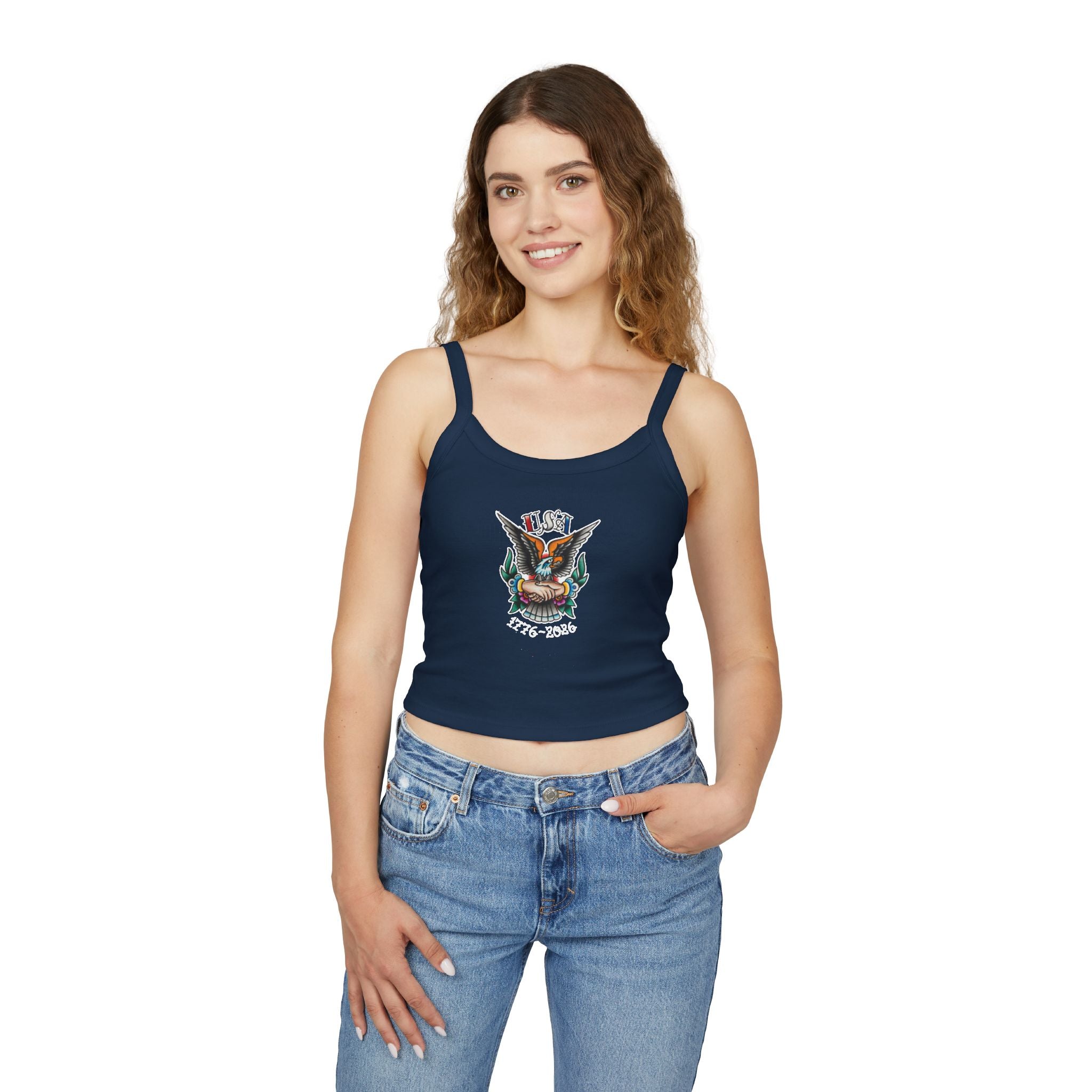 250th Anniversary Eagle w/Clasped Hands Tattoo Design 1776-2026 Spaghetti Strap Woman's Tank Top