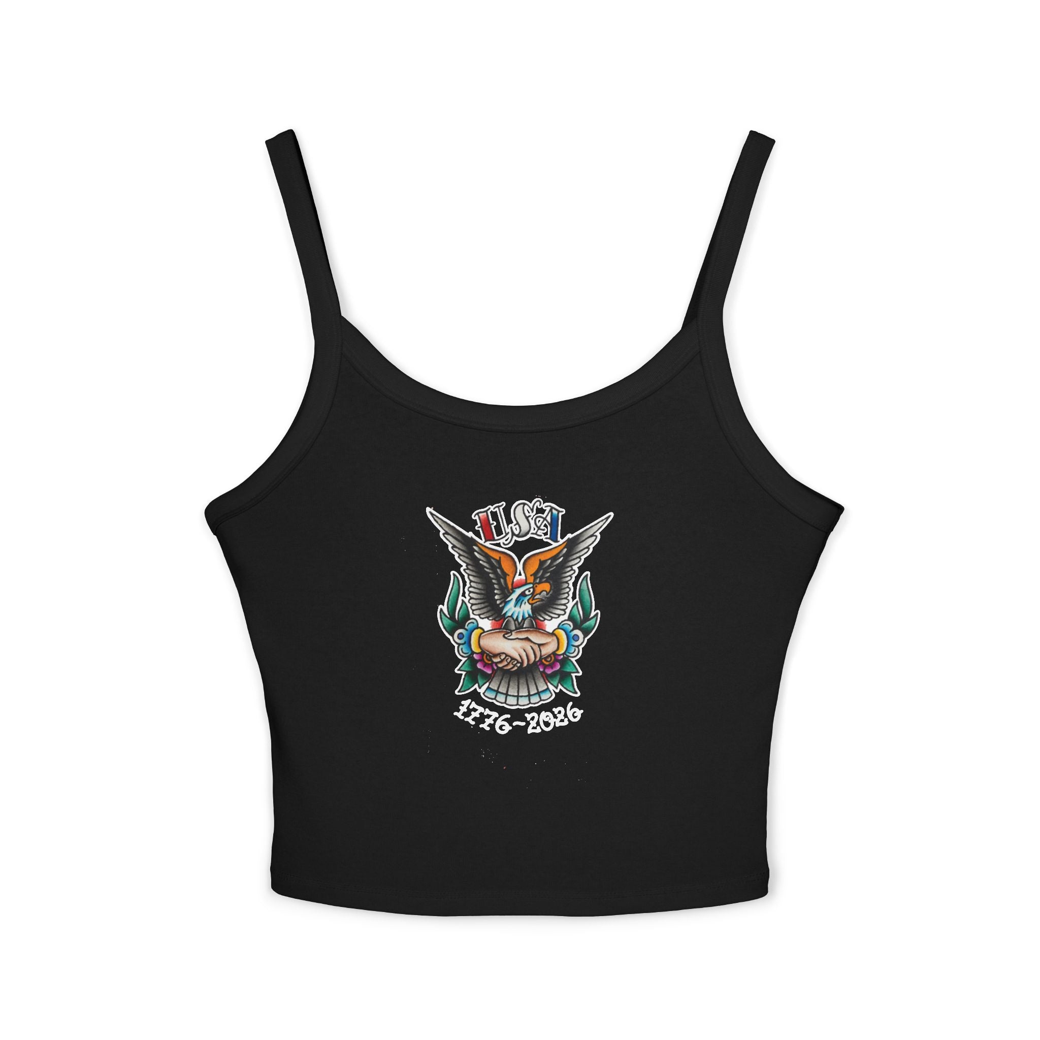 250th Anniversary Eagle w/Clasped Hands Tattoo Design 1776-2026 Spaghetti Strap Woman's Tank Top