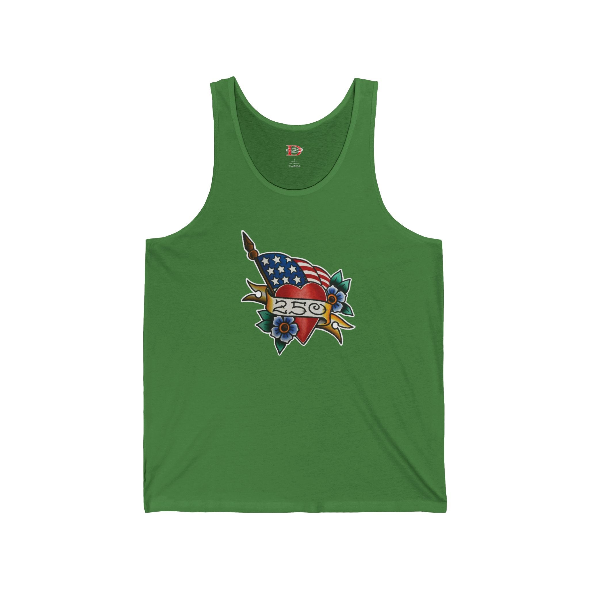 250th Anniversary American Flag w/Heart and 250 Banner Tattoo Design Mens Tank Top