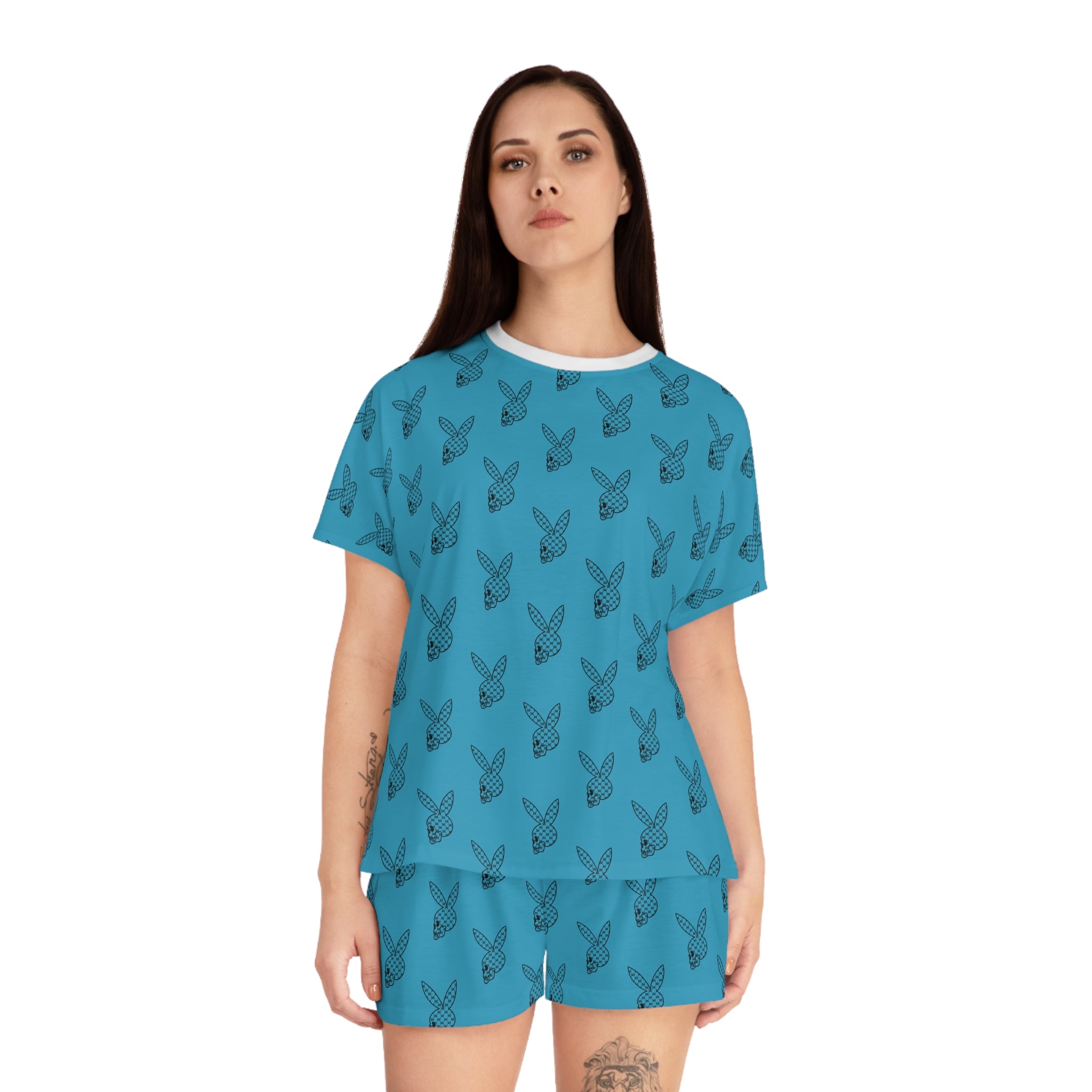 DD Custom Monogram Bunny Skull Women's Pajama Set AOP
