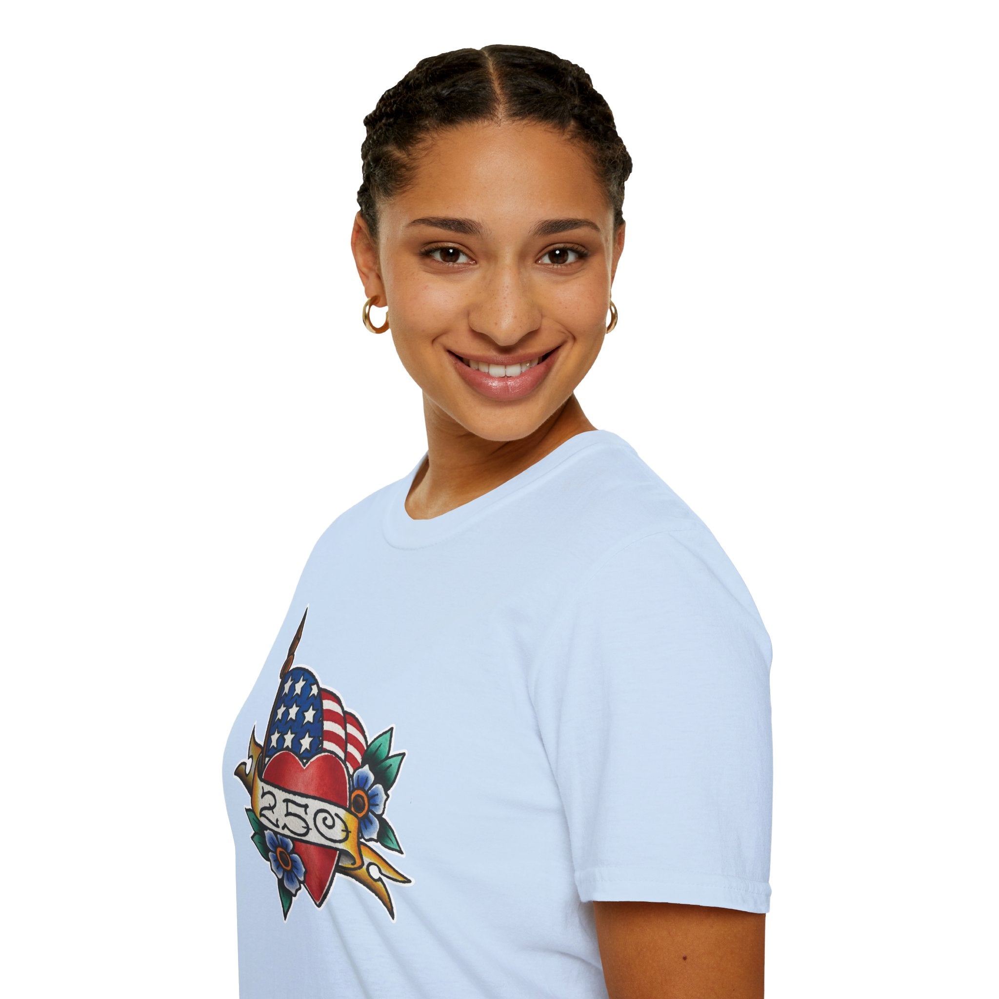 250th Anniversary American Flag and Heart Tattoo Unisex Softstyle T‑Shirt