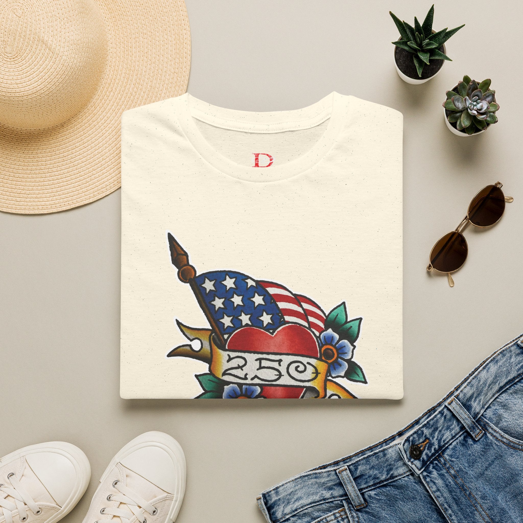 250th Anniversary American Flag and Heart Tattoo Unisex Softstyle T‑Shirt