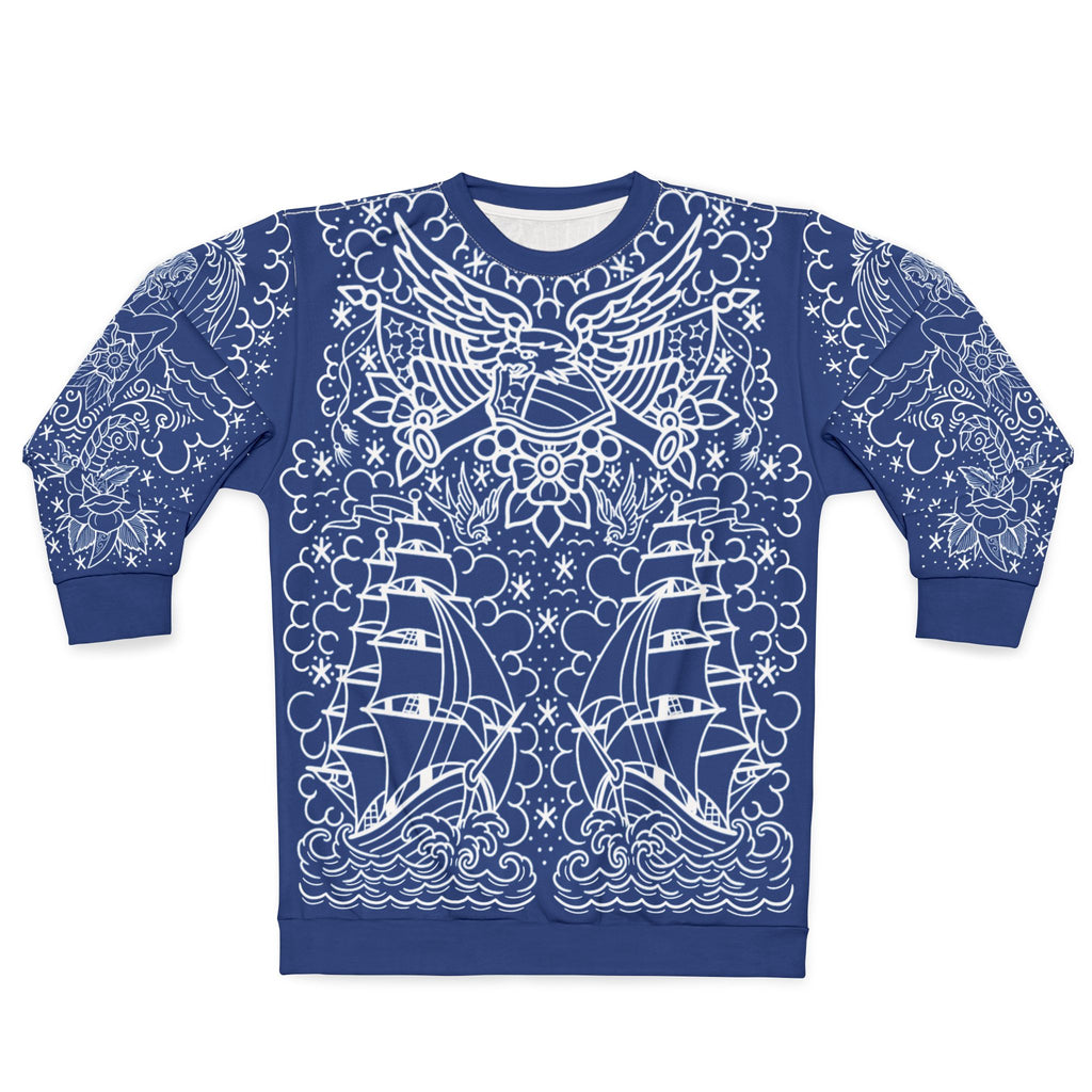 Traditional American Tattoo Body Suit Blueprint Edition Unisex Crewneck Sweatshirt AOP