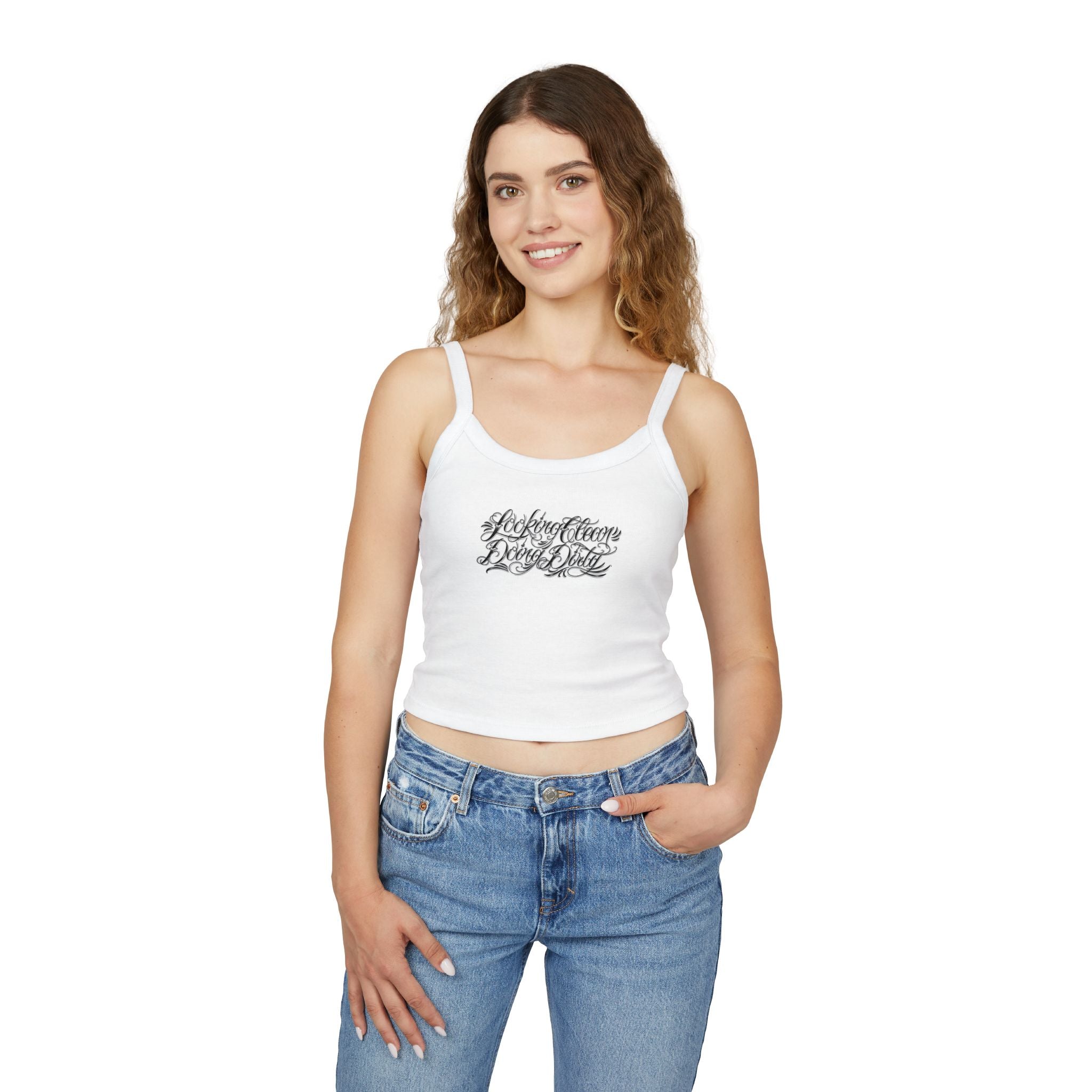 "Looking Clean, Doing Dirty" Tattoo Script  Design Spaghetti Strap Woman's Tank Top