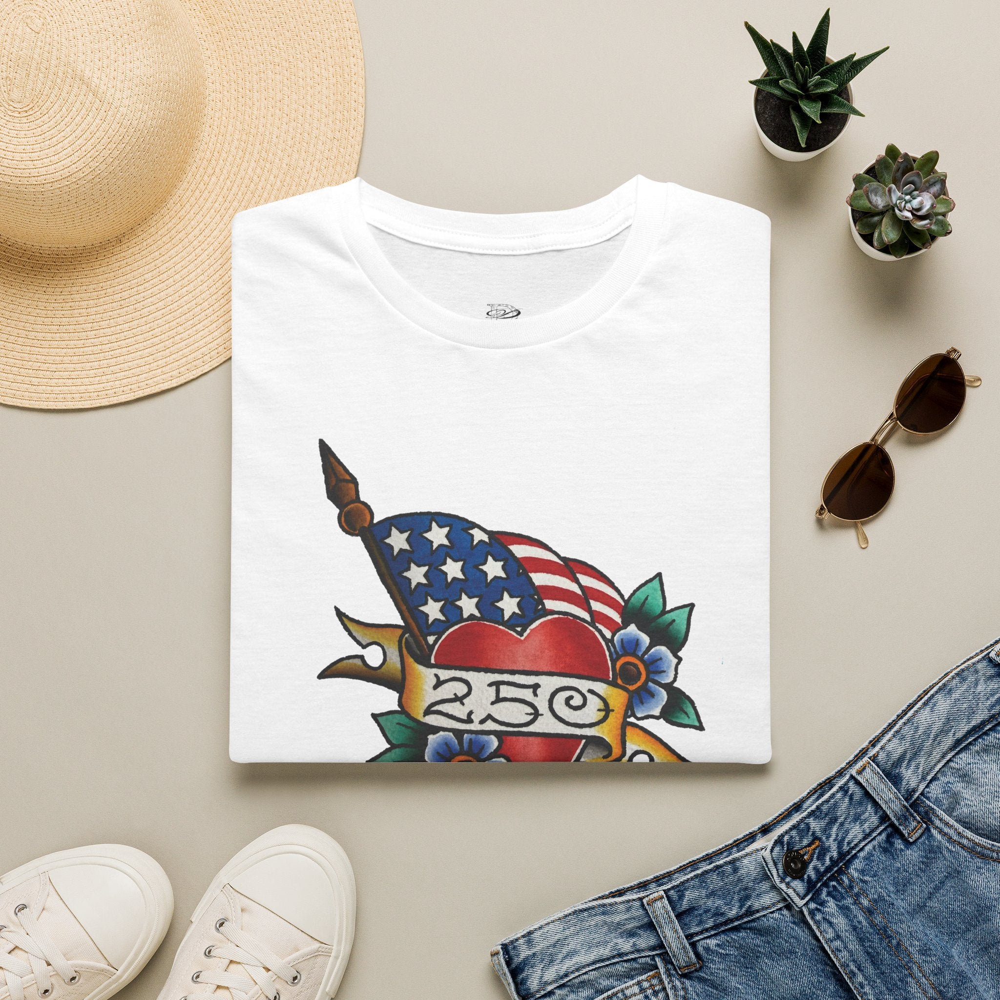 250th Anniversary American Flag and Heart Tattoo Unisex Softstyle T‑Shirt