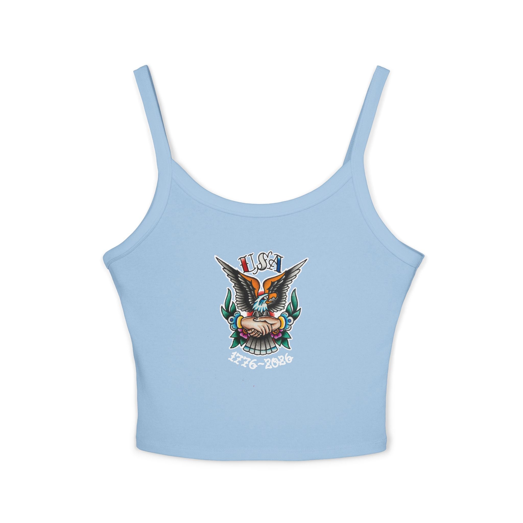 250th Anniversary Eagle w/Clasped Hands Tattoo Design 1776-2026 Spaghetti Strap Woman's Tank Top