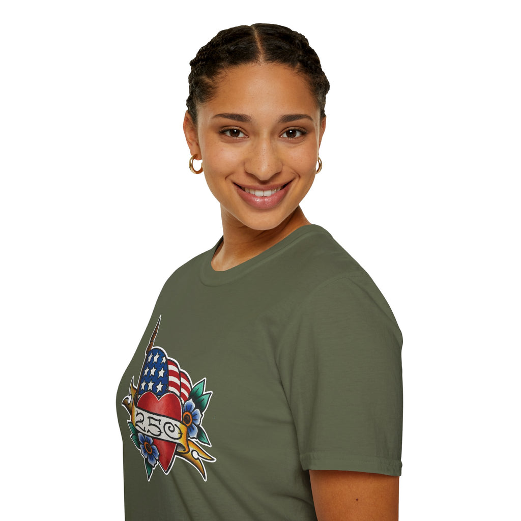 250th Anniversary American Flag and Heart Tattoo Unisex Softstyle T‑Shirt