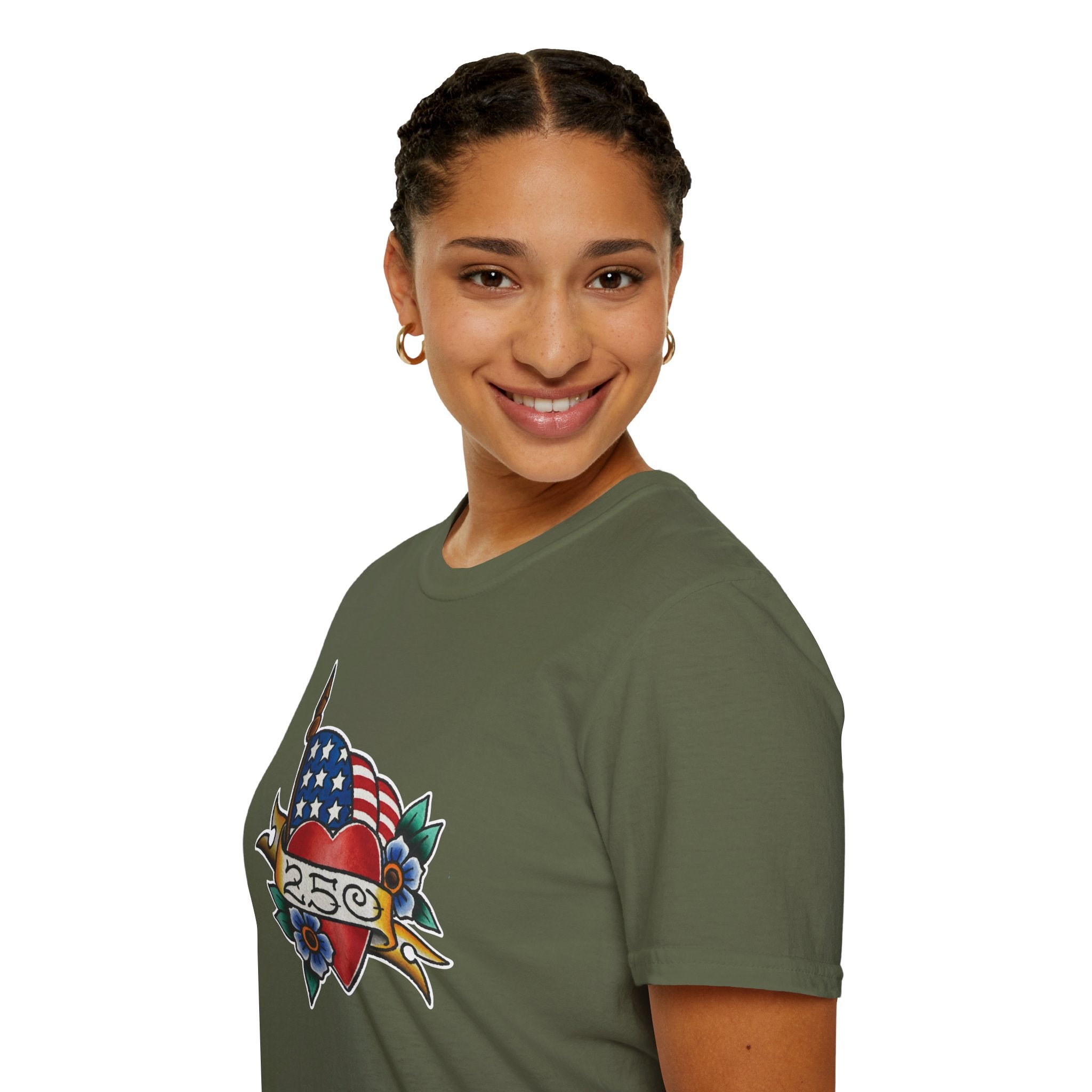 250th Anniversary American Flag and Heart Tattoo Unisex Softstyle T‑Shirt