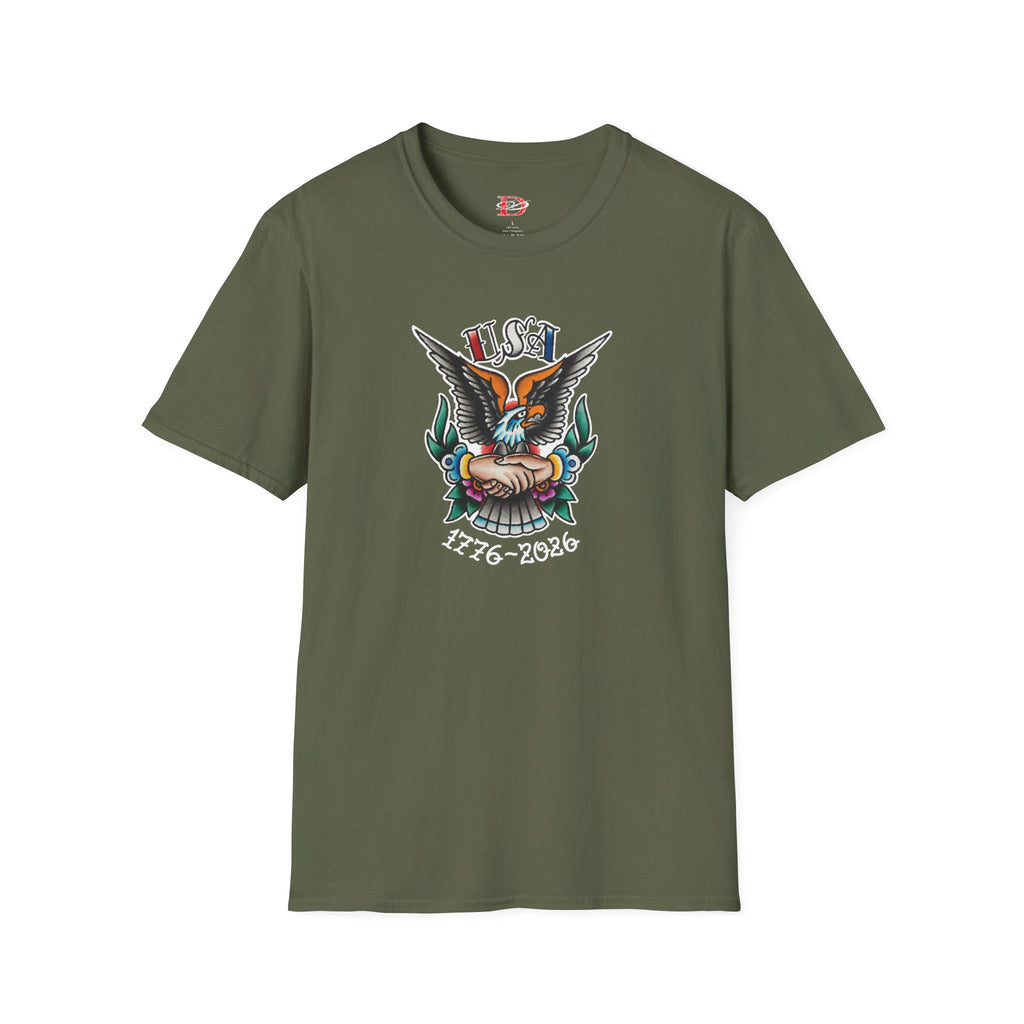 250th Anniversary 1776-2026 Clasped Hands w/Eagle Unisex Softstyle Tattoo T‑Shirt