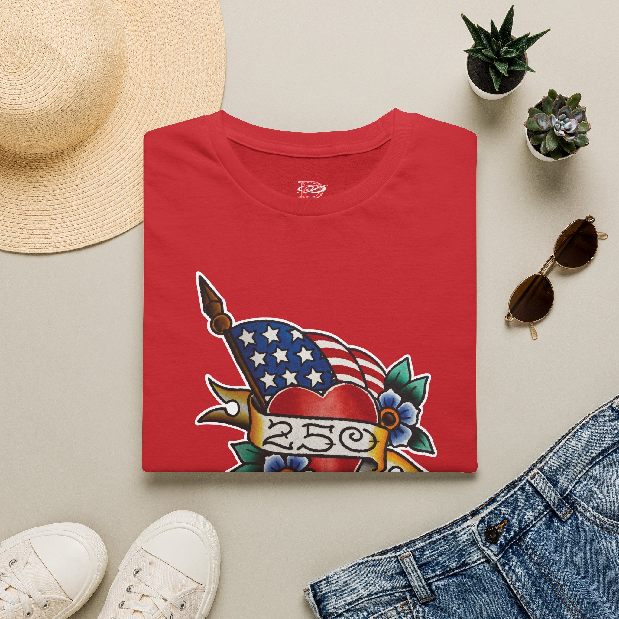 250th Anniversary American Flag and Heart Tattoo Unisex Softstyle T‑Shirt