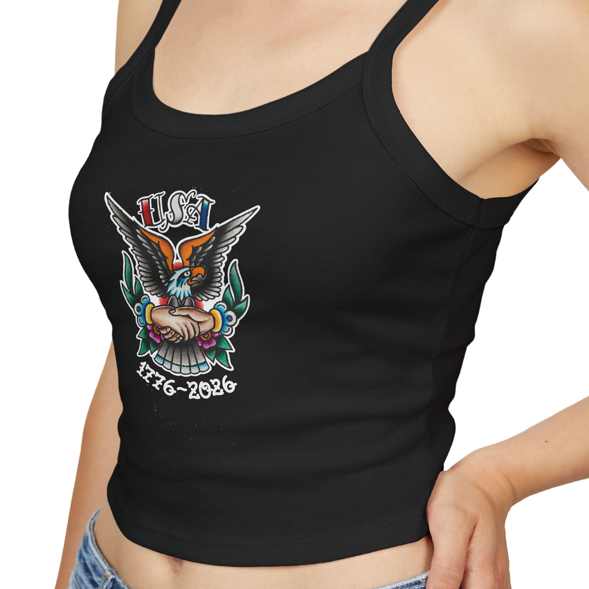 250th Anniversary Eagle w/Clasped Hands Tattoo Design 1776-2026 Spaghetti Strap Woman's Tank Top