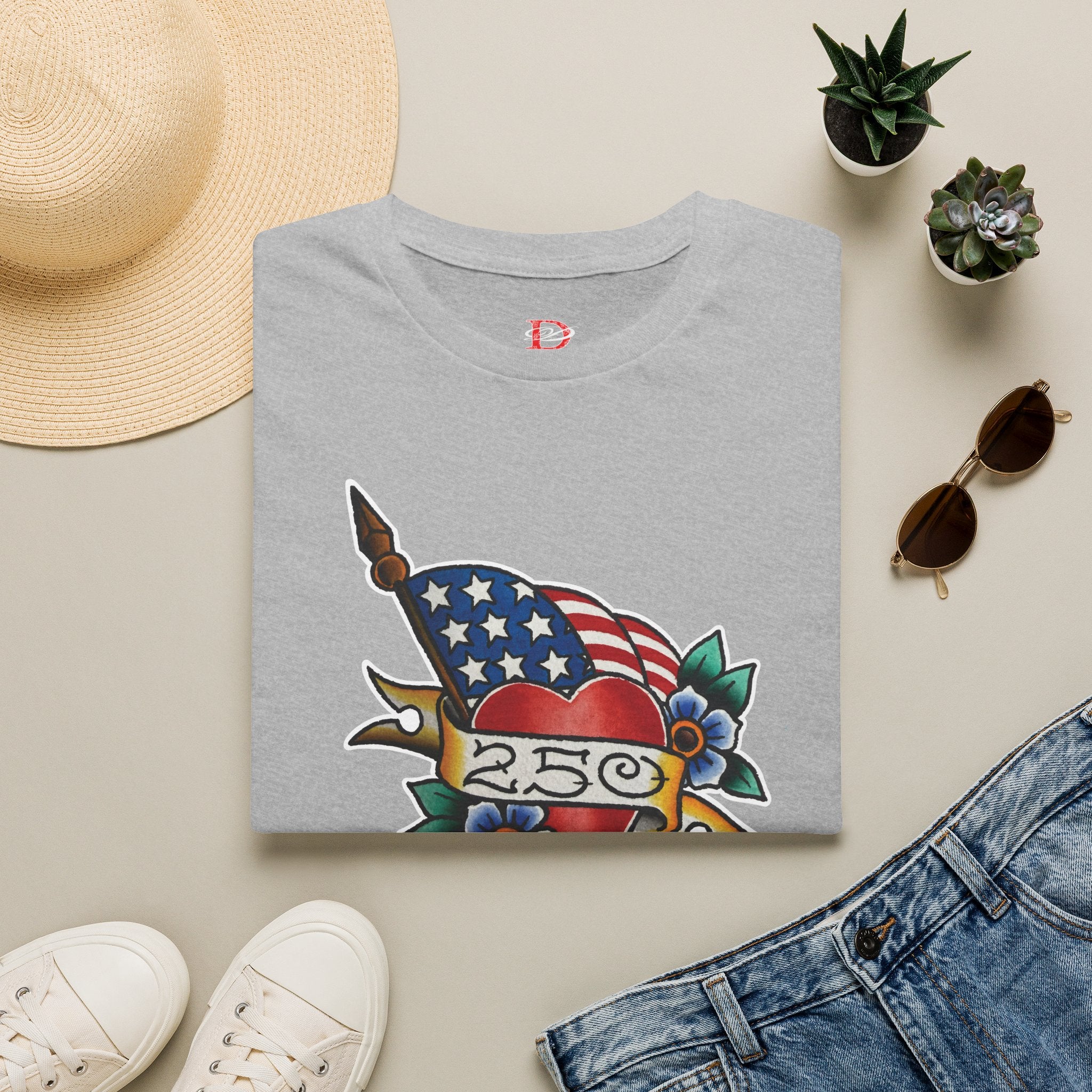 250th Anniversary American Flag and Heart Tattoo Unisex Softstyle T‑Shirt