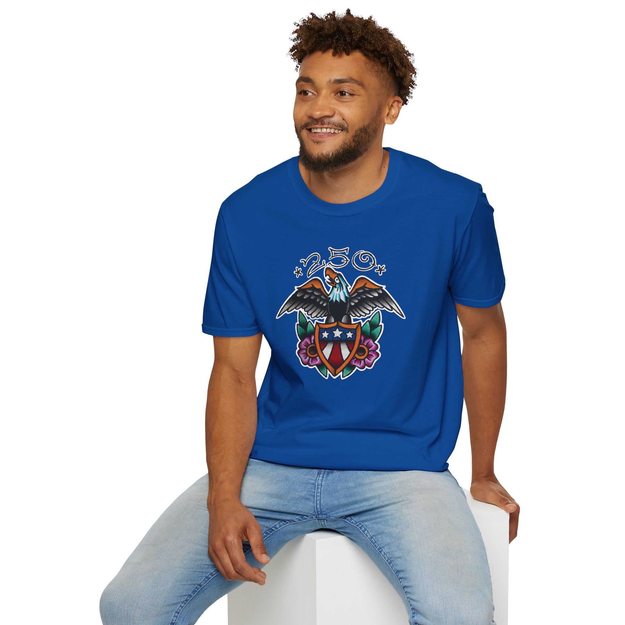 250th Anniversary Eagle w/Flag Shield Tattoo Unisex Softstyle T‑Shirt
