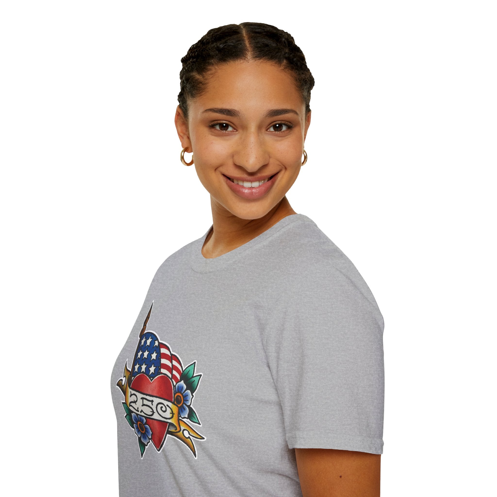 250th Anniversary American Flag and Heart Tattoo Unisex Softstyle T‑Shirt