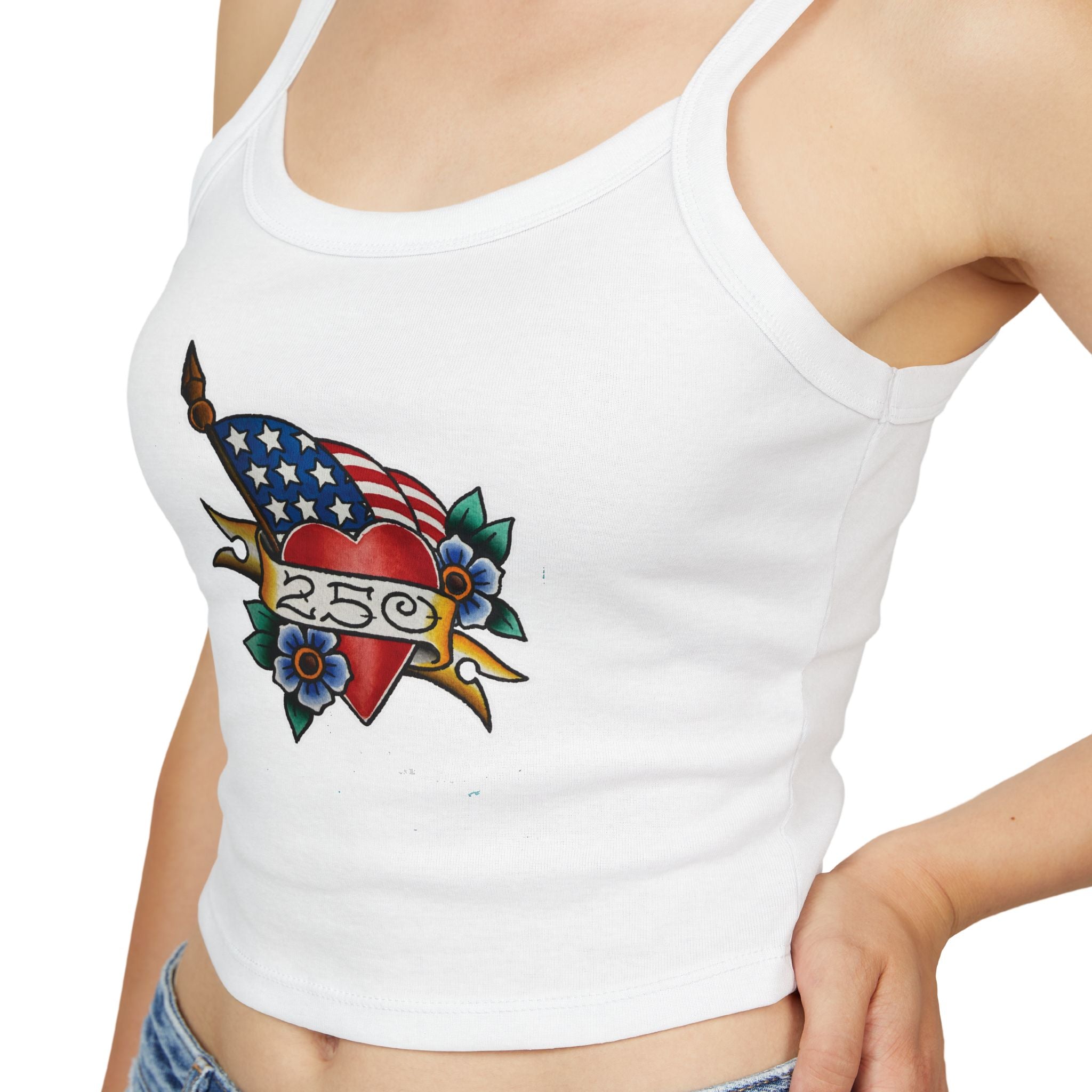 250th Anniversary Banner Heart and Flag Spaghetti Strap Woman's Tank Top