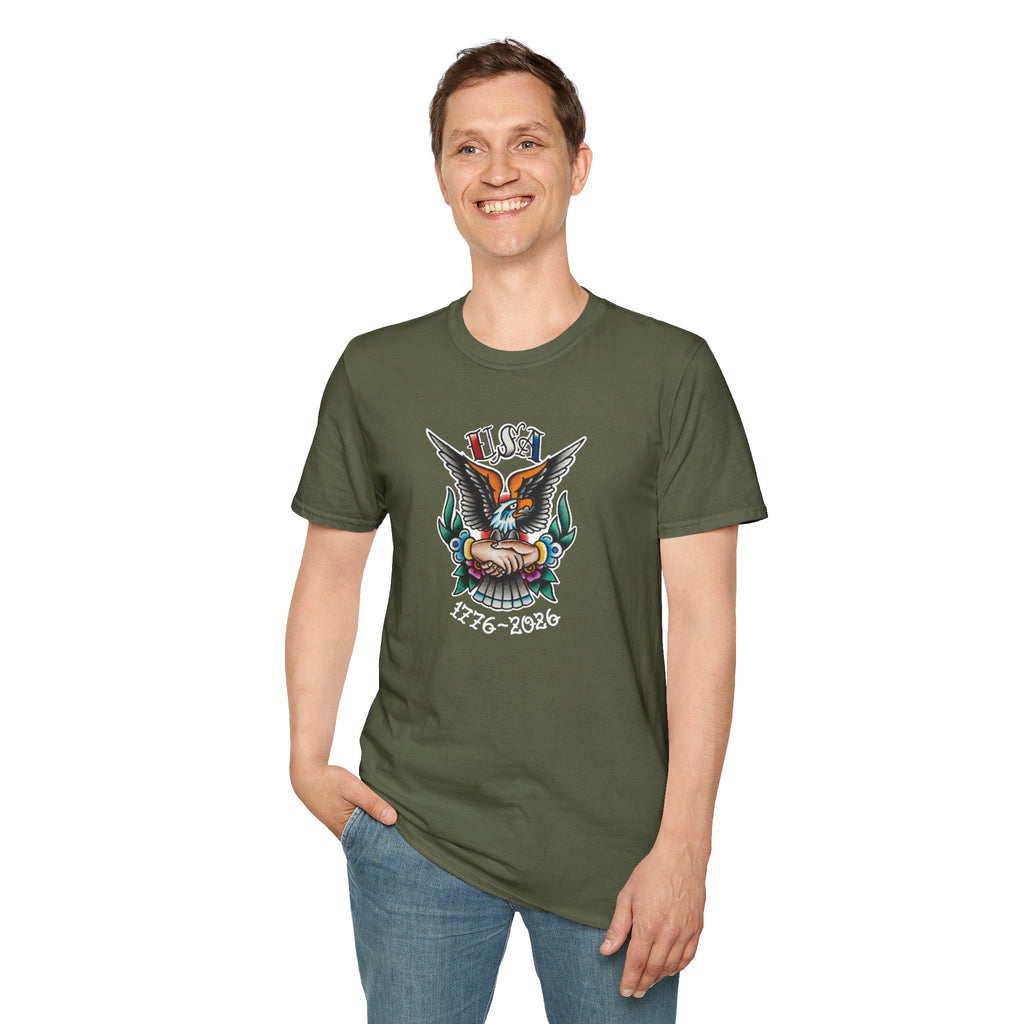 250th Anniversary 1776-2026 Clasped Hands w/Eagle Unisex Softstyle Tattoo T‑Shirt