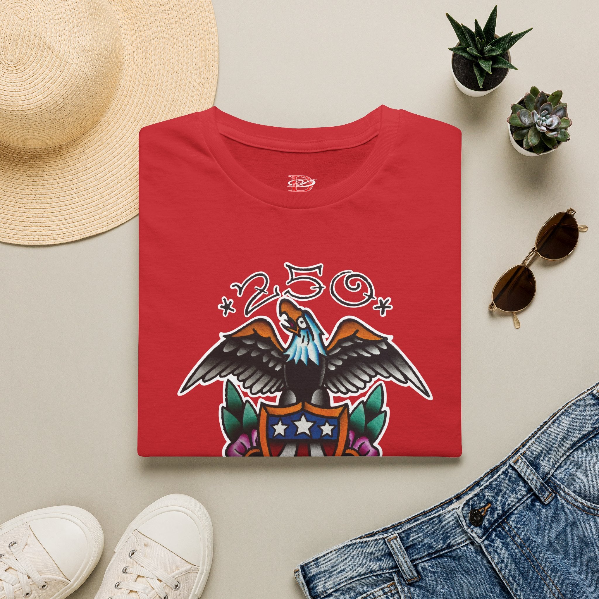 250th Anniversary Eagle w/Flag Shield Tattoo Unisex Softstyle T‑Shirt