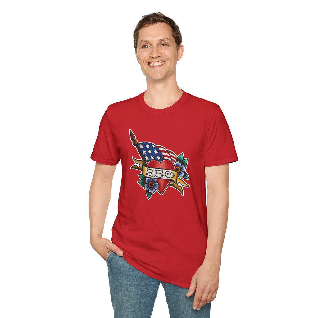 250th Anniversary American Flag and Heart Tattoo Unisex Softstyle T‑Shirt