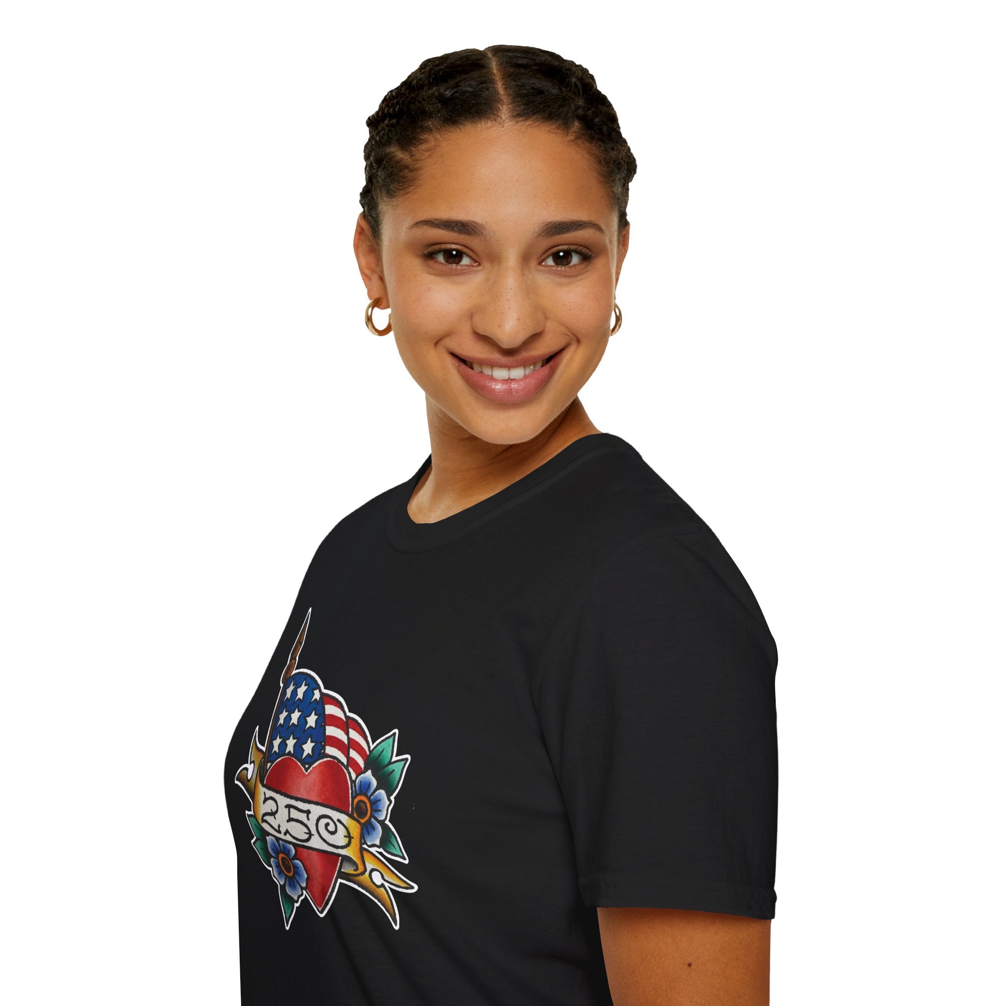 250th Anniversary American Flag and Heart Tattoo Unisex Softstyle T‑Shirt