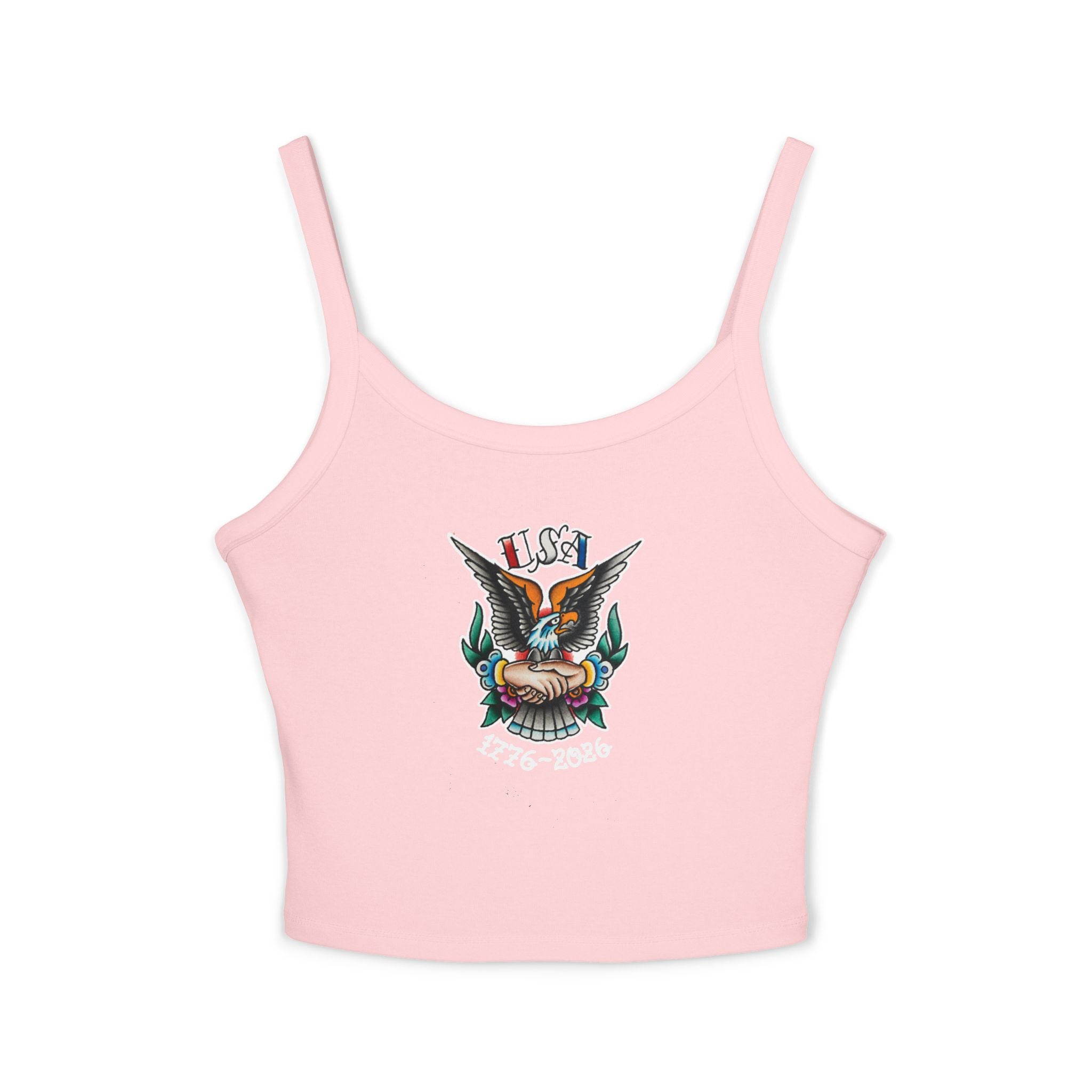 250th Anniversary Eagle w/Clasped Hands Tattoo Design 1776-2026 Spaghetti Strap Woman's Tank Top
