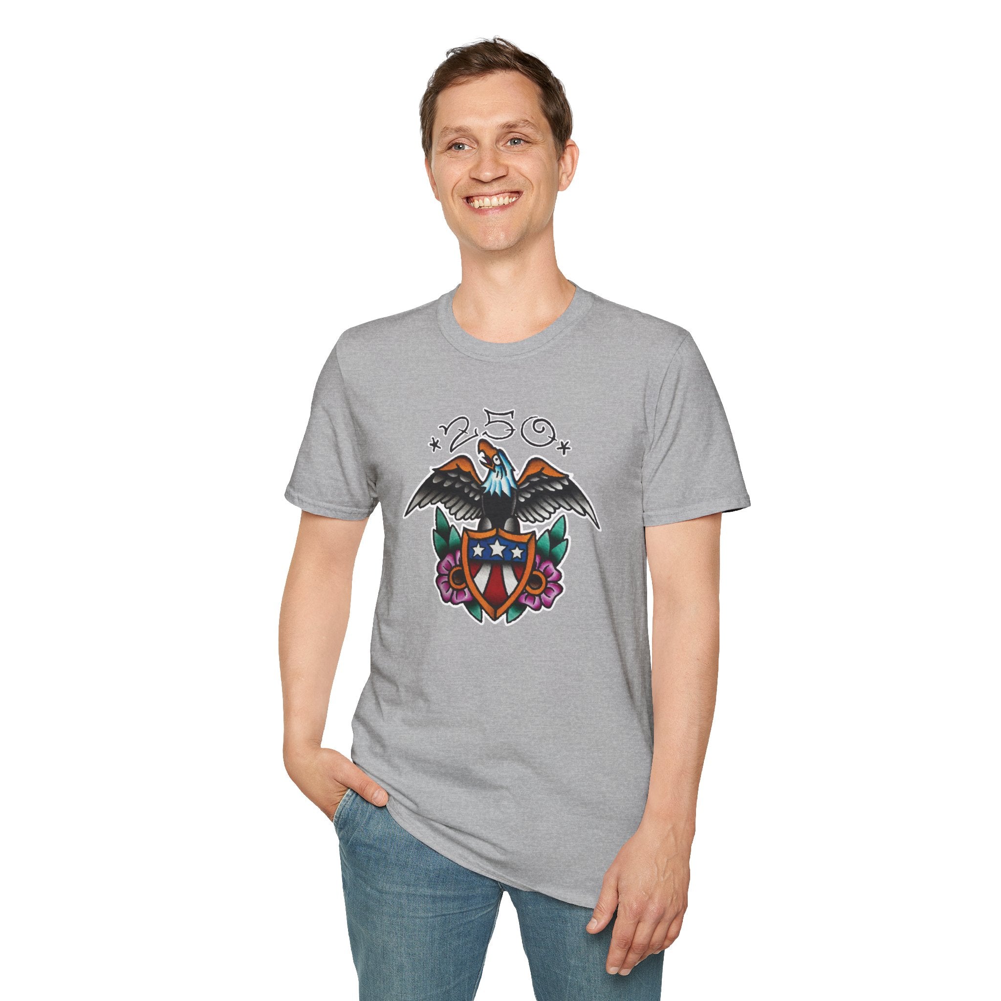 250th Anniversary Eagle w/Flag Shield Tattoo Unisex Softstyle T‑Shirt