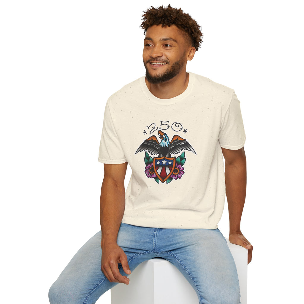 250th Anniversary Eagle w/Flag Shield Tattoo Unisex Softstyle T‑Shirt