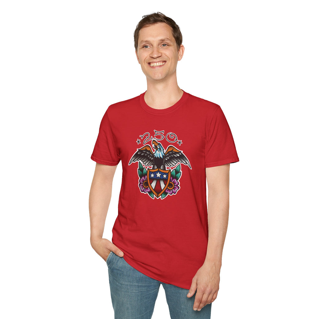 250th Anniversary Eagle w/Flag Shield Tattoo Unisex Softstyle T‑Shirt