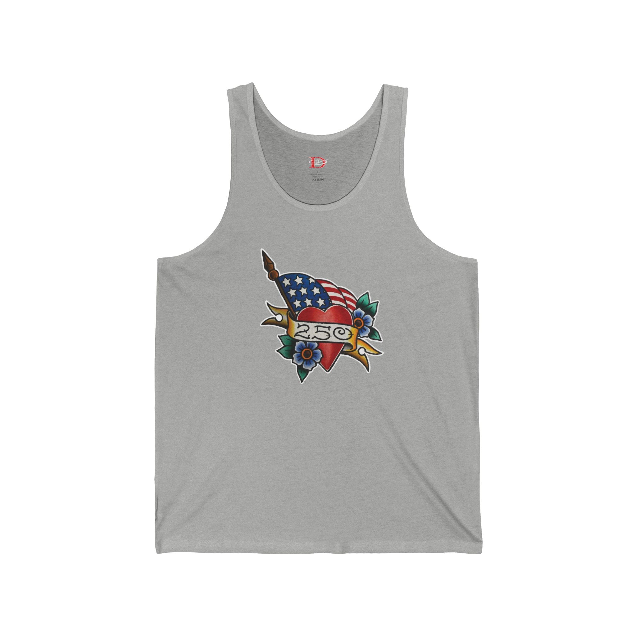 250th Anniversary American Flag w/Heart and 250 Banner Tattoo Design Mens Tank Top