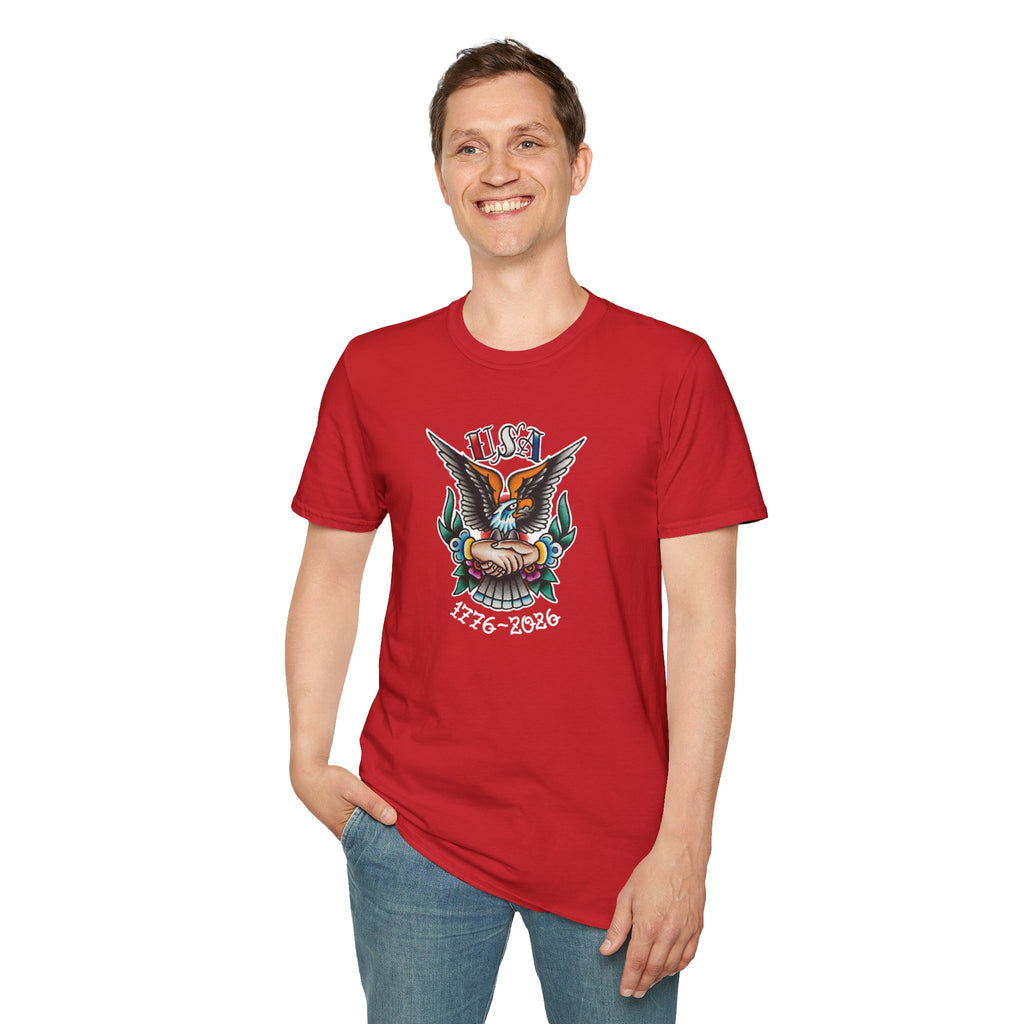 250th Anniversary 1776-2026 Clasped Hands w/Eagle Unisex Softstyle Tattoo T‑Shirt