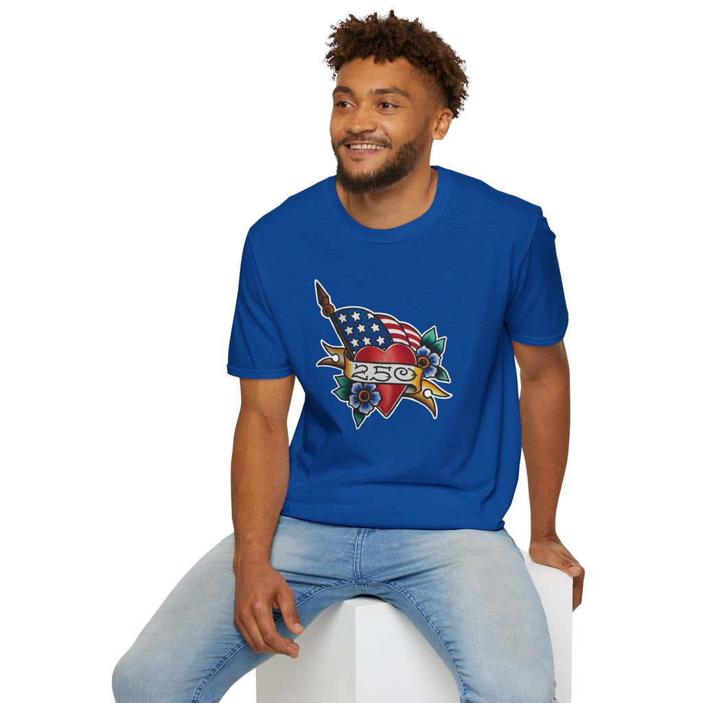 250th Anniversary American Flag and Heart Tattoo Unisex Softstyle T‑Shirt