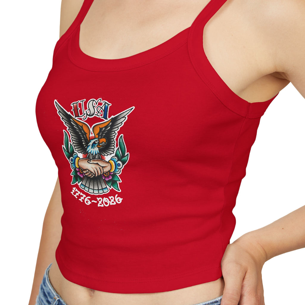 250th Anniversary Eagle w/Clasped Hands Tattoo Design 1776-2026 Spaghetti Strap Woman's Tank Top
