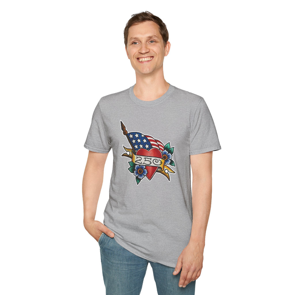 250th Anniversary American Flag and Heart Tattoo Unisex Softstyle T‑Shirt