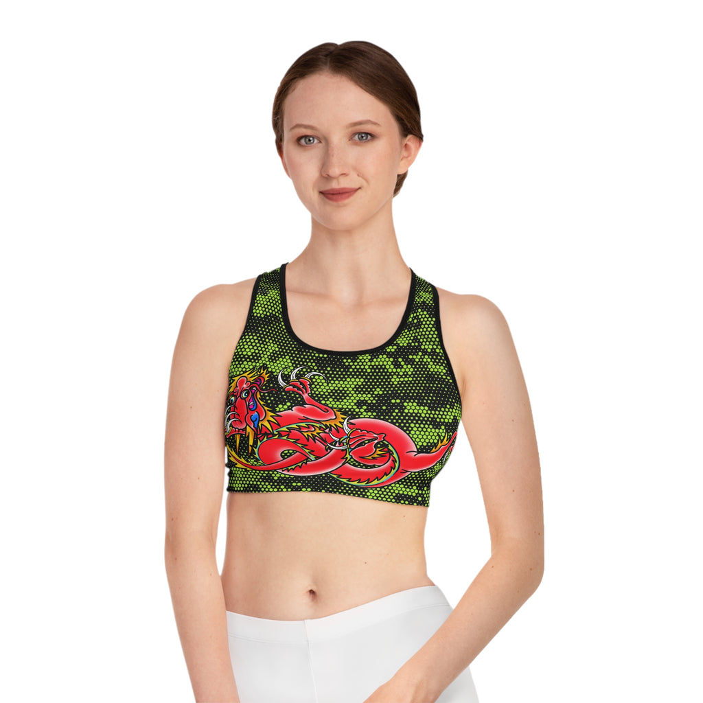 Custom Dragon W/ Lime Green Hexagon Digital Camo Sports Bra AOP