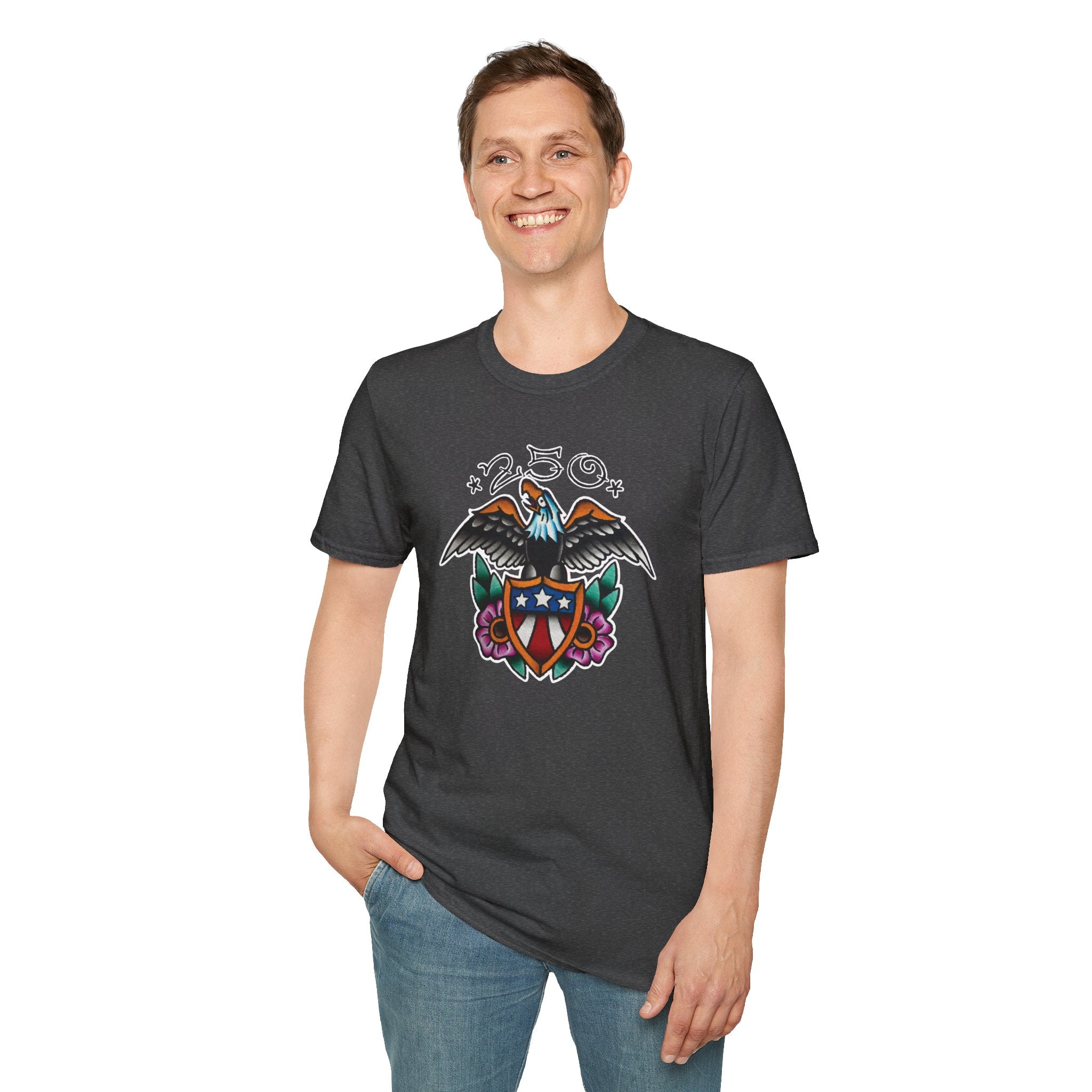 250th Anniversary Eagle w/Flag Shield Tattoo Unisex Softstyle T‑Shirt