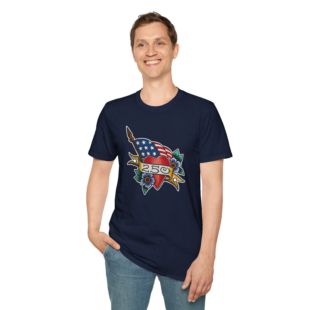 250th Anniversary American Flag and Heart Tattoo Unisex Softstyle T‑Shirt