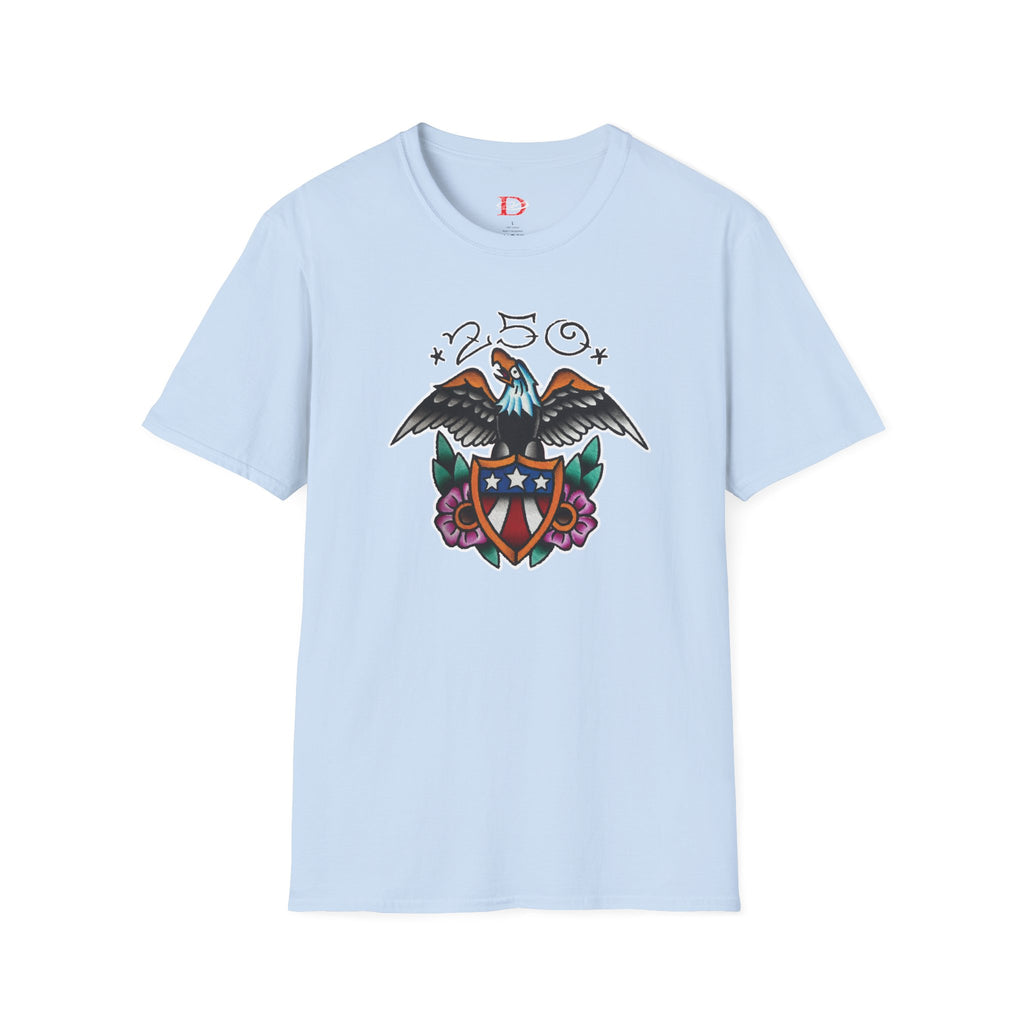 250th Anniversary Eagle w/Flag Shield Tattoo Unisex Softstyle T‑Shirt