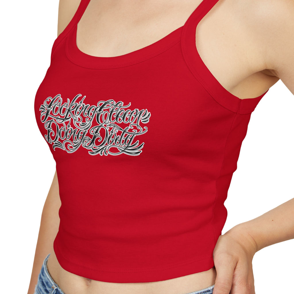 "Looking Clean, Doing Dirty" Tattoo Script  Design Spaghetti Strap Woman's Tank Top