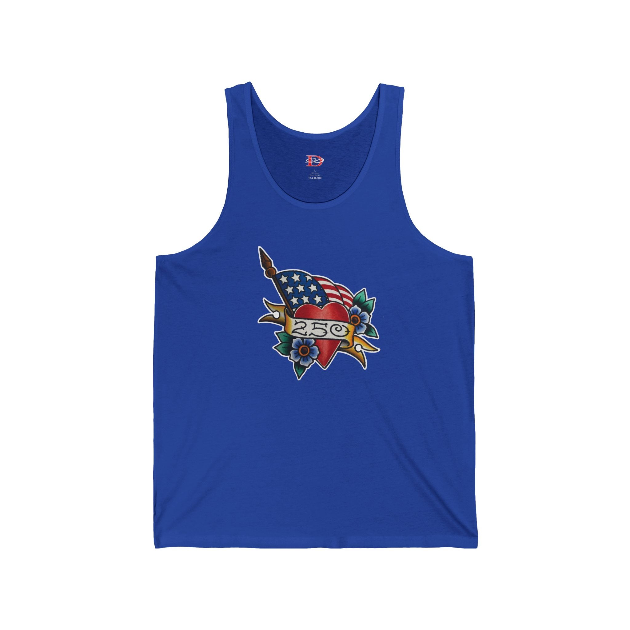 250th Anniversary American Flag w/Heart and 250 Banner Tattoo Design Mens Tank Top