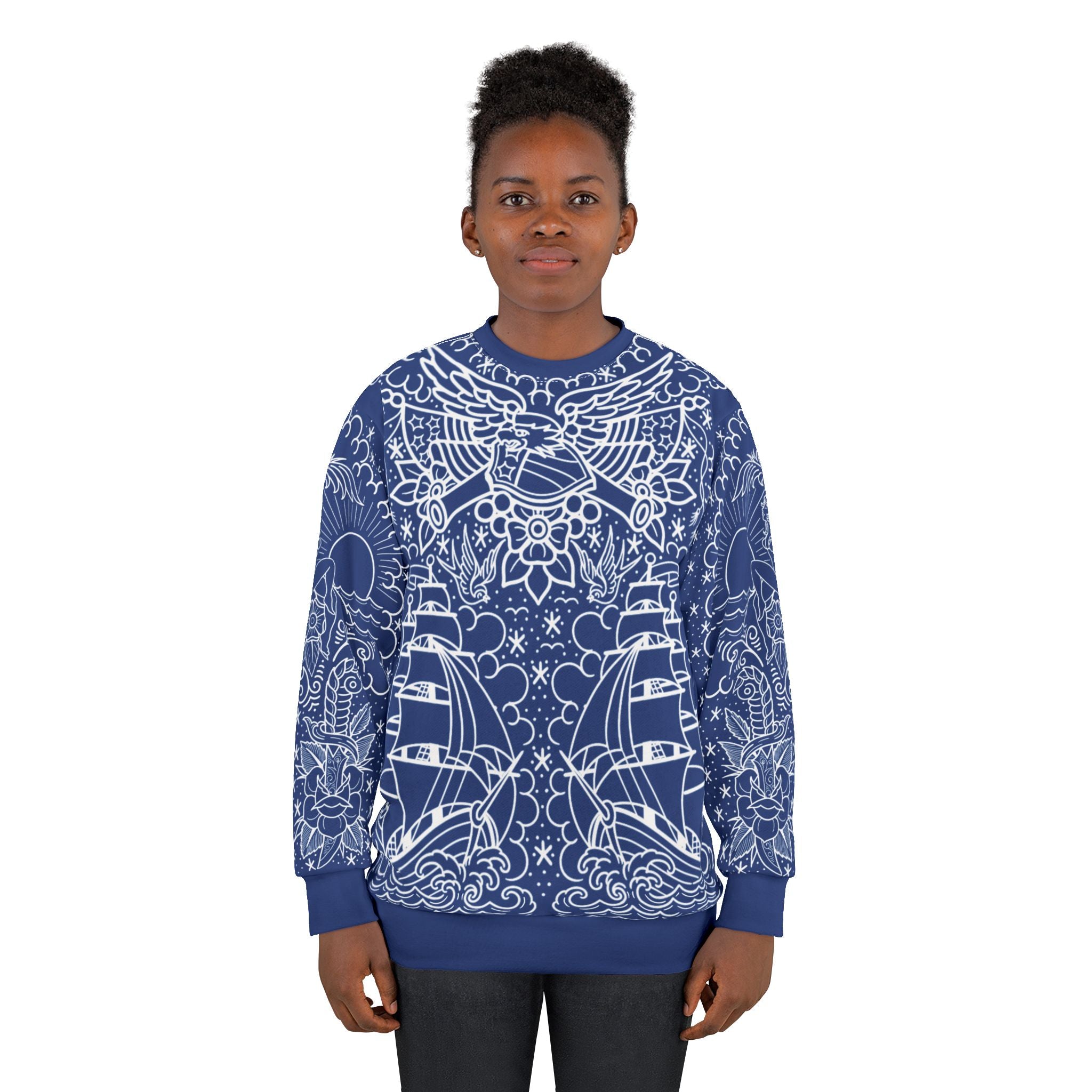Traditional American Tattoo Body Suit Blueprint Edition Unisex Crewneck Sweatshirt AOP