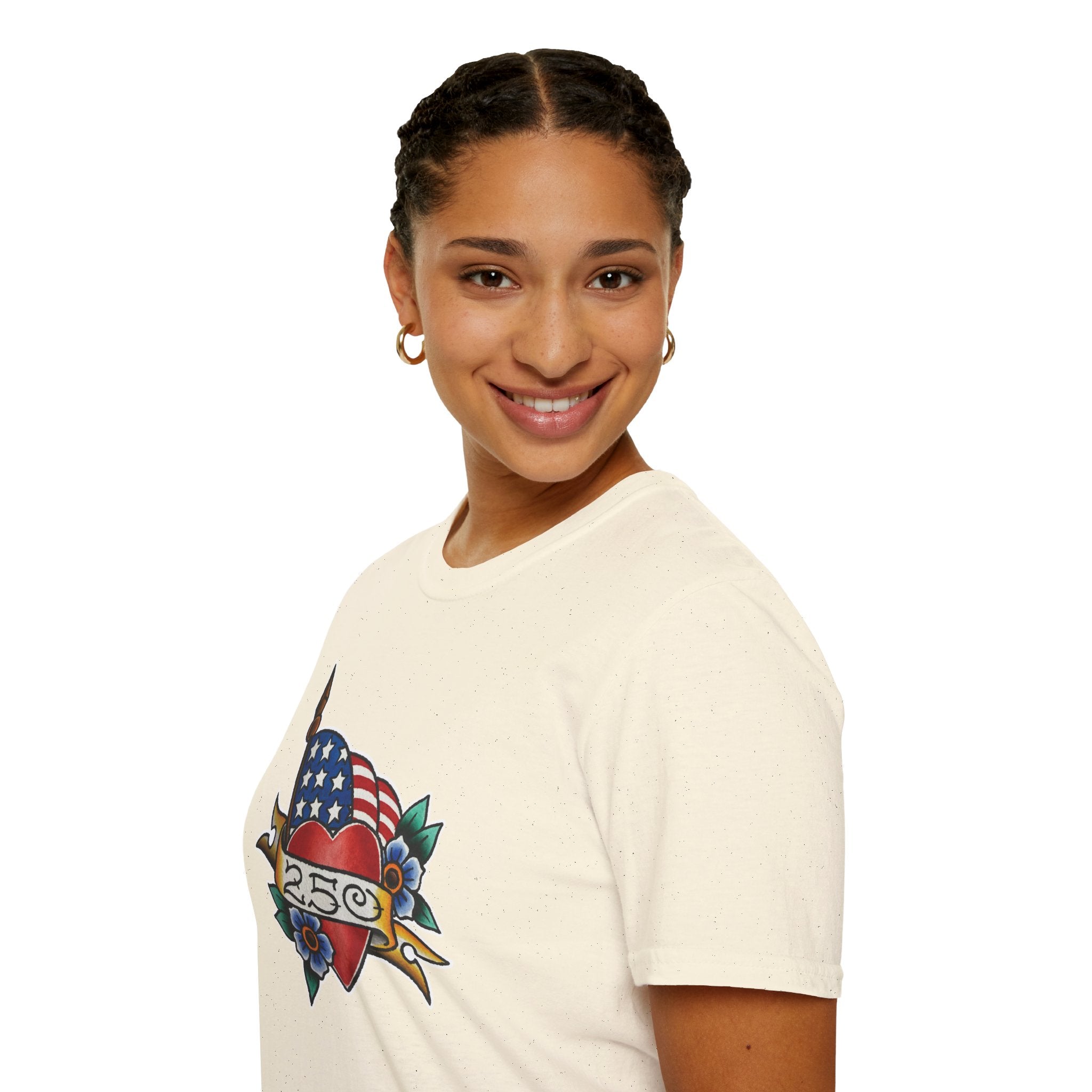 250th Anniversary American Flag and Heart Tattoo Unisex Softstyle T‑Shirt