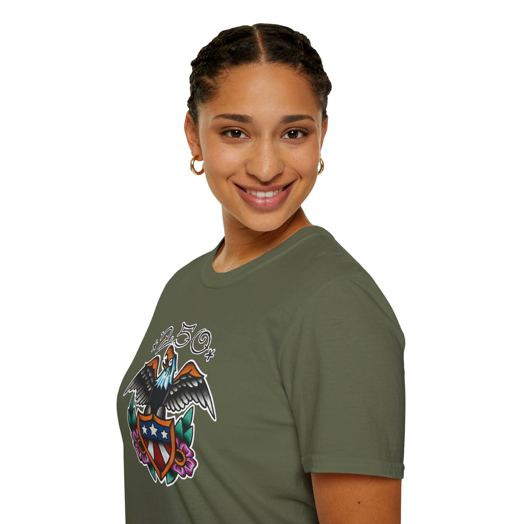 250th Anniversary Eagle w/Flag Shield Tattoo Unisex Softstyle T‑Shirt