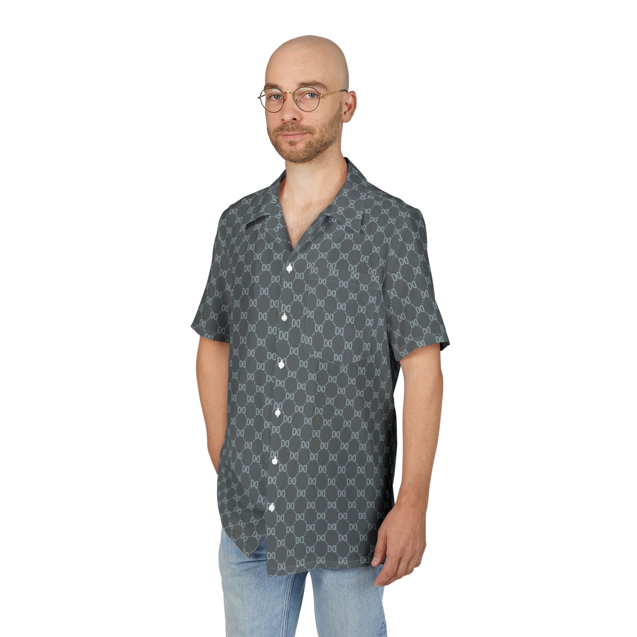 DD Monogram Print Button Up Hawaiian Shirt AOP