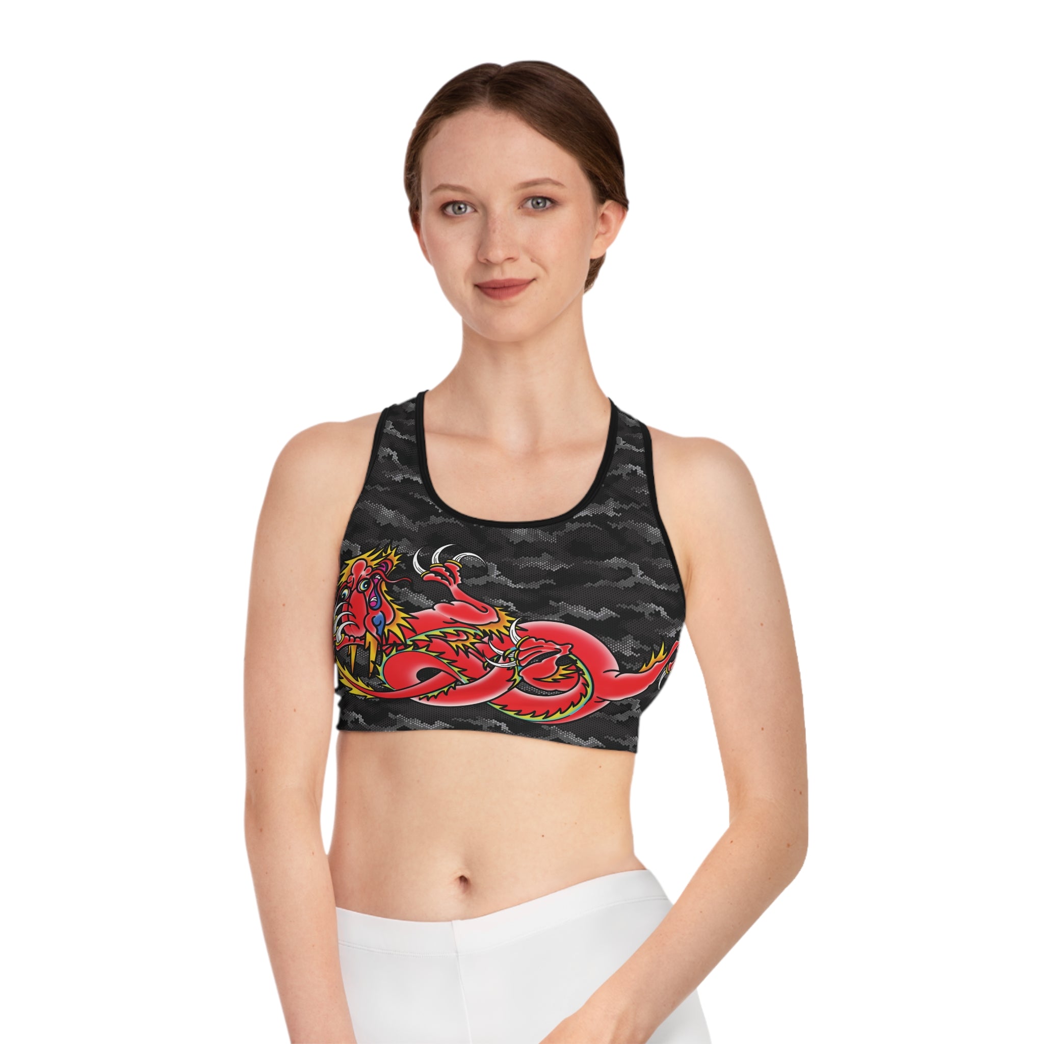 Custom Dragon W/ Urban Hexagon Digital Camo Sports Bra AOP