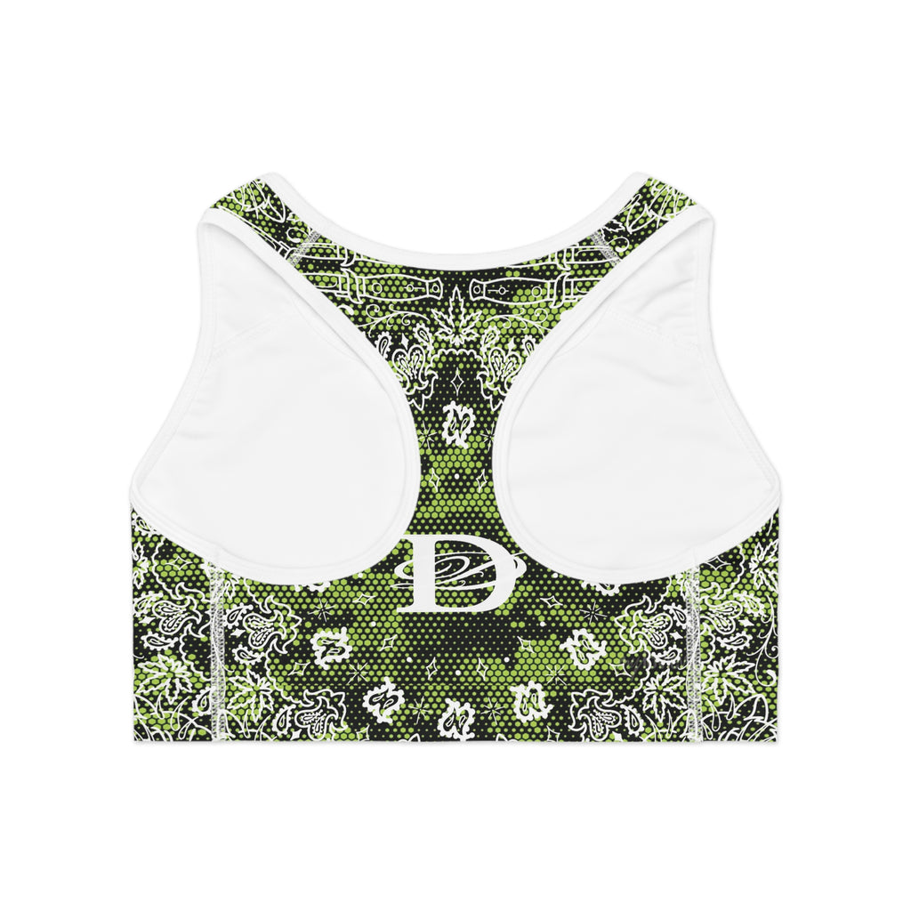 DD Custom Bandana Print W/ Lime Green Hexagon Digital Camo Sports Bra AOP